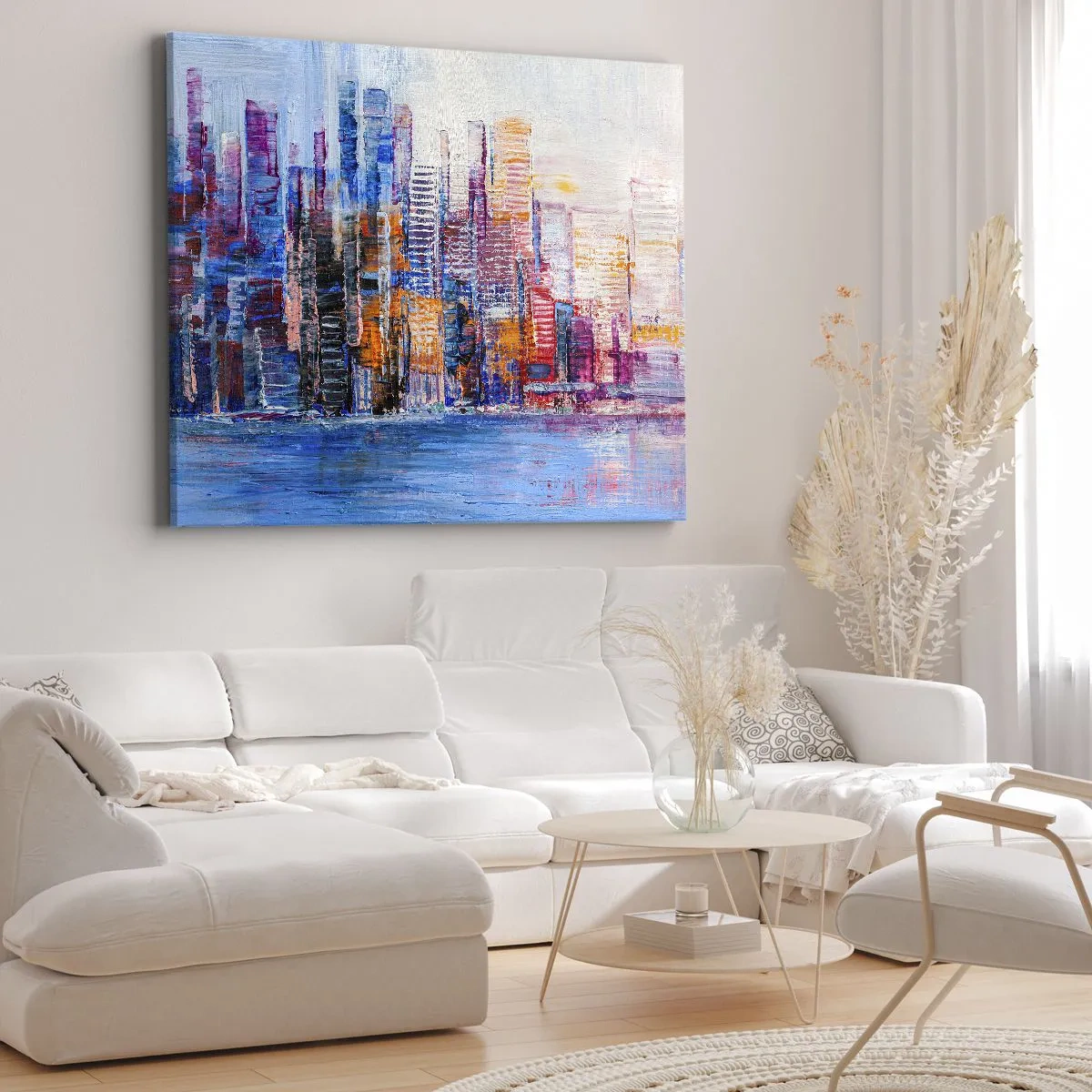 Tablou pe pânză Canvas - O panoramă colorată a orașului cu reflexii pe apă - 70x50cm - O metropolă veselă - Decorațiune modernă pentru perete pentru living și dormitor ARTTOR