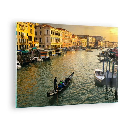 Tablou pe sticlă - Apus de soare peste un canal din Veneția cu gondole - 70x50cm - Pe partea însorită a străzii - Decorațiune modernă pentru perete pentru living și dormitor ARTTOR