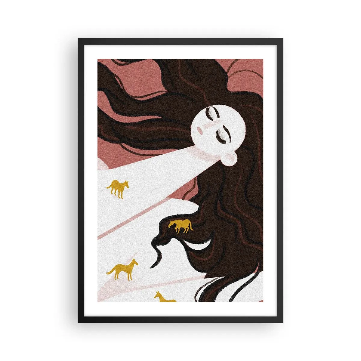 Poster în ramă neagră - O femeie visătoare cu păr lung și cai aurii - 50x70cm - Visul despre calul de aur - Decorațiune modernă pentru perete pentru living și dormitor ARTTOR