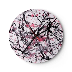 Ceas de perete - Ceas pe sticlă - Stropi abstracte de negru, alb și roz pe un fundal alb - 30x30cm - Natura trecătoare a vieții - Decorațiune modernă pentru perete pentru living, bucătărie și dormitor ARTTOR