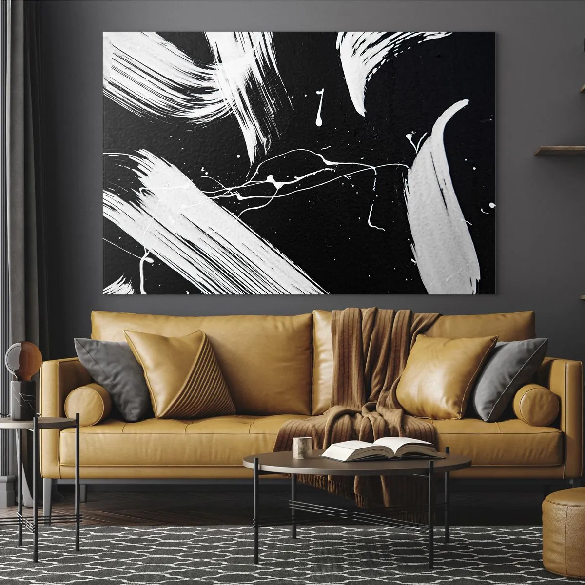 Tablou pe sticlă - Tușe albe de pensulă pe fundal negru - 70x50cm - Abisul întunericului - Decorațiune modernă pentru perete pentru living și dormitor ARTTOR