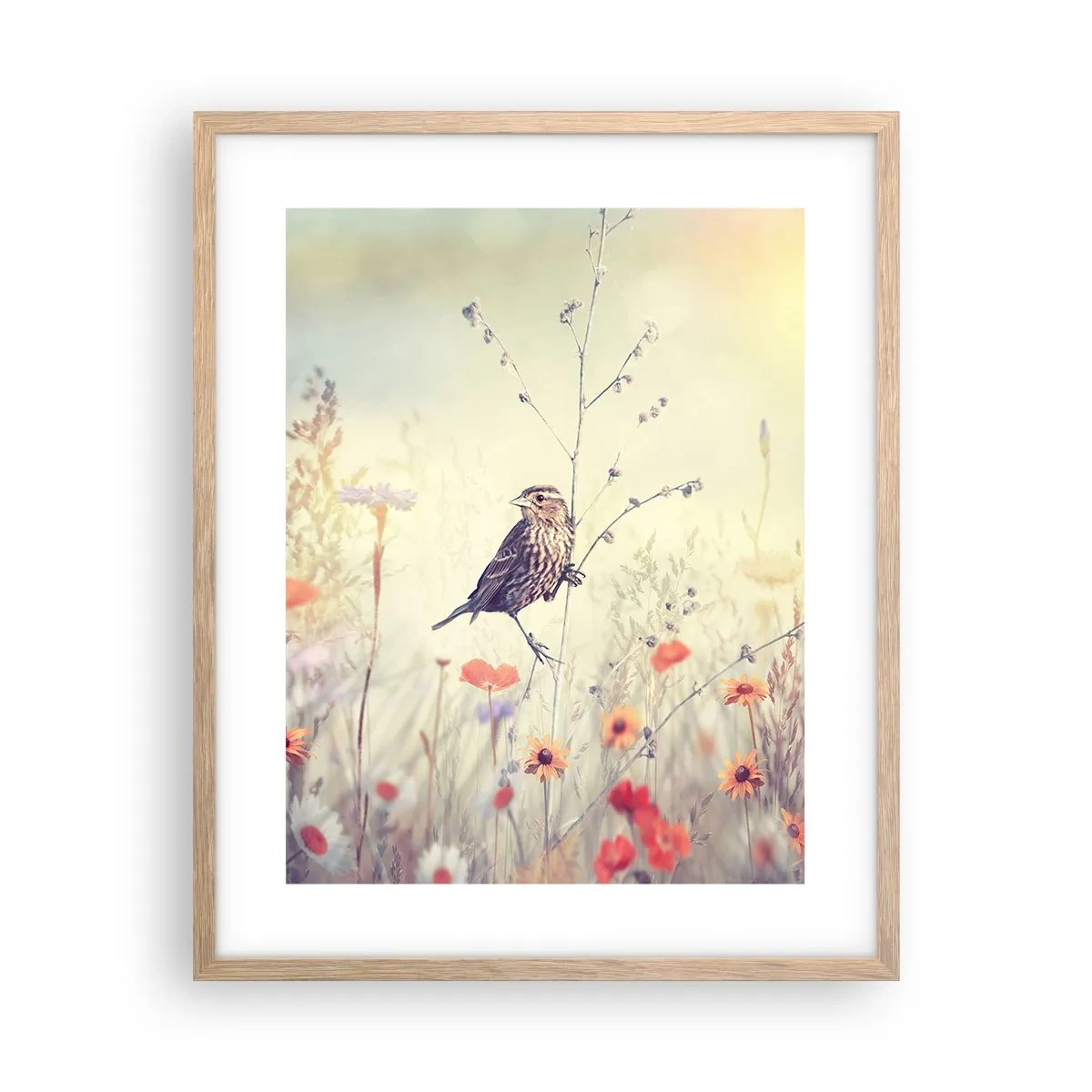 Poster în ramă de stejar deschis - Portret de pasăre cu o pajiște în fundal - 40x50 cm