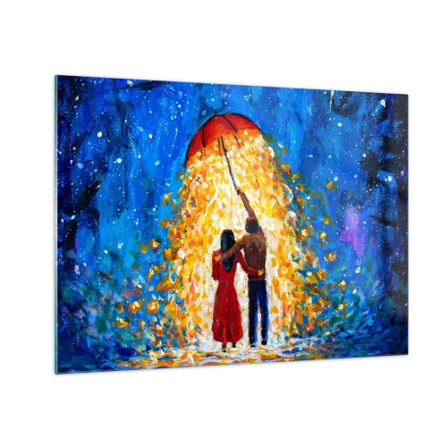 Tablou pe sticlă - Un cuplu sub o umbrelă, înconjurat de lumină aurie pe cerul nopții - 70x50cm - Magia unei seri ploioase? - Decorațiune modernă pentru perete pentru living și dormitor ARTTOR