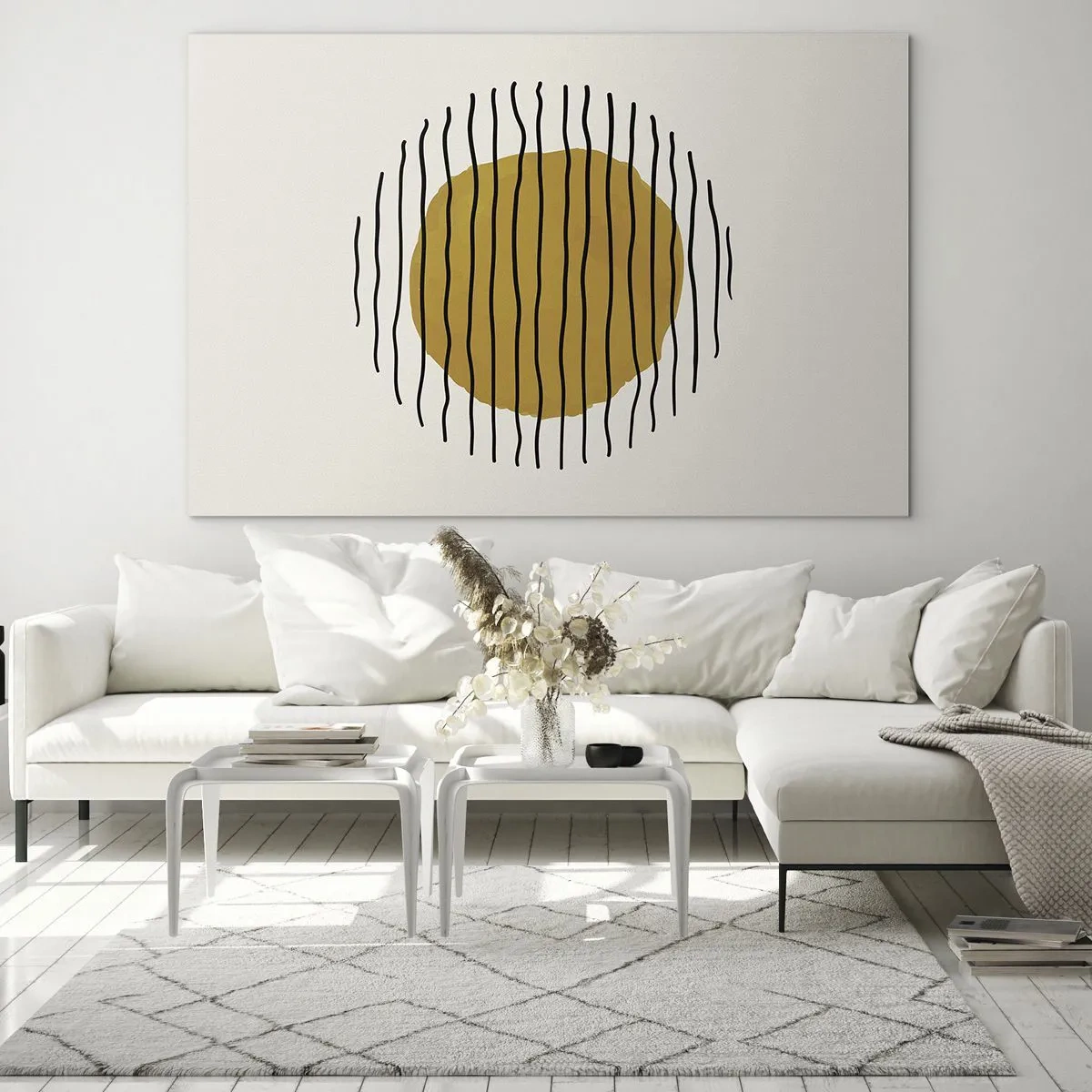 Tablou pe sticlă - O compoziție minimalistă cu un cerc galben și linii negre. - 70x50cm - Abstracție tremurândă de căldură - Decorațiune modernă pentru perete pentru living și dormitor ARTTOR