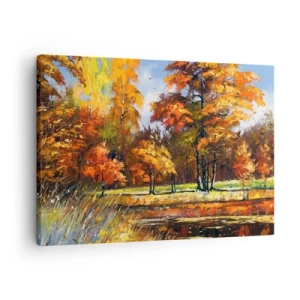 Tablou pe pânză Canvas - Peisaj de toamnă cu copaci colorați și un iaz - 70x50cm - Peisaj în aur și bronz - Decorațiune modernă pentru perete pentru living și dormitor ARTTOR