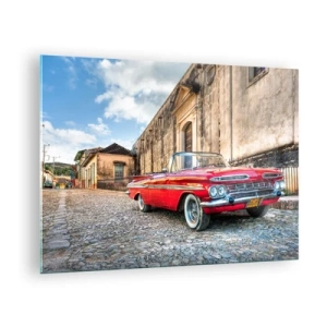 Tablou pe sticlă - O decapotabilă roșie clasică pe o stradă pietruită într-un decor retro - 70x50cm - Emoții cubaneze - Decorațiune modernă pentru perete pentru living și dormitor ARTTOR