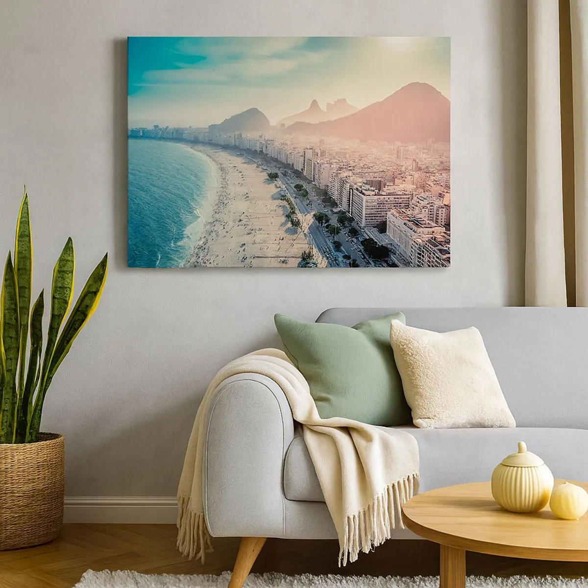 Tablou pe pânză Canvas - Panoramă a plajei Copacabana cu munții în fundal în Rio de Janeiro - 70x50cm - Vacanță perpetuă în Rio - Decorațiune modernă pentru perete pentru living și dormitor ARTTOR