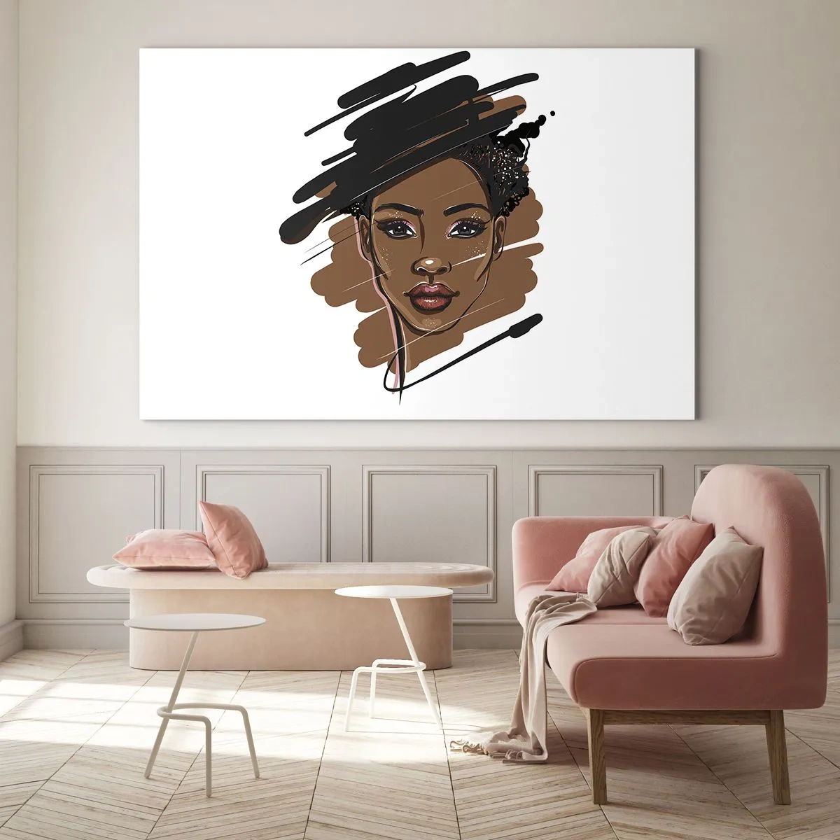Tablou pe sticlă - Portretul unei femei de culoare într-un stil de schiță de modă - 70x50cm - Dulce ca ciocolata - Decorațiune modernă pentru perete pentru living și dormitor ARTTOR