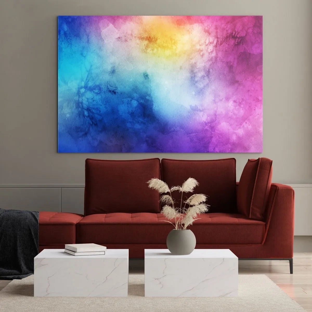 Tablou pe sticlă - Compoziție abstractă în culorile curcubeului cu efect de acuarelă - 70x50cm - Aproape în al șaptelea cer - Decorațiune modernă pentru perete pentru living și dormitor ARTTOR