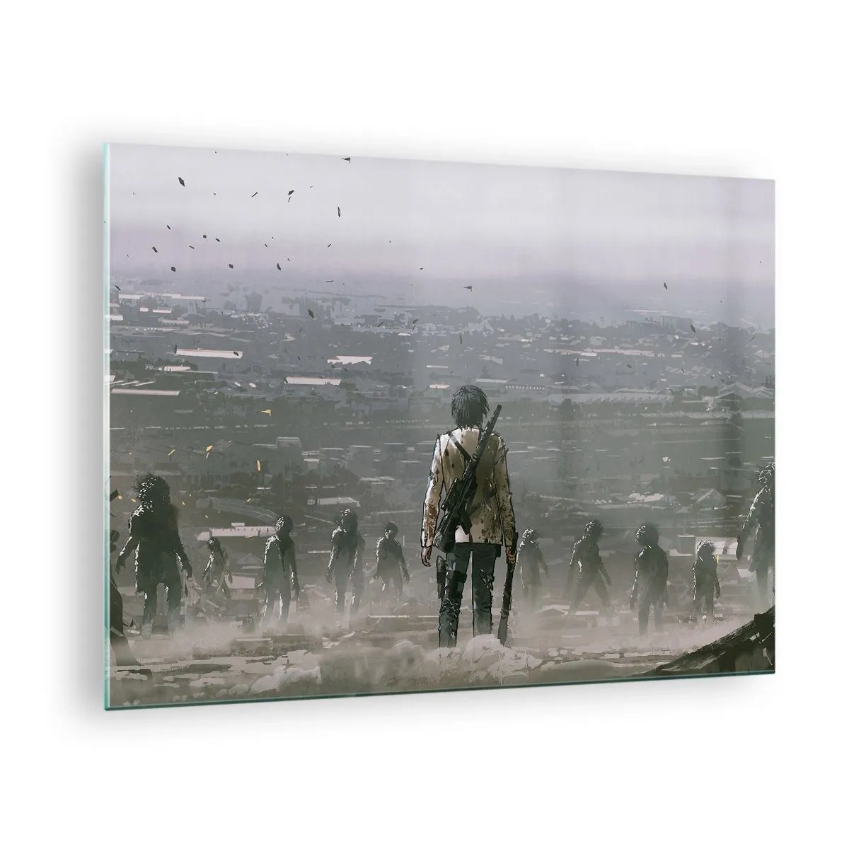Tablou pe sticlă - O figură cu o pușcă în peisajul întunecat al unui grup care se apropie - 70x50cm - Ultimul om în picioare? - Decorațiune modernă pentru perete pentru living și dormitor ARTTOR