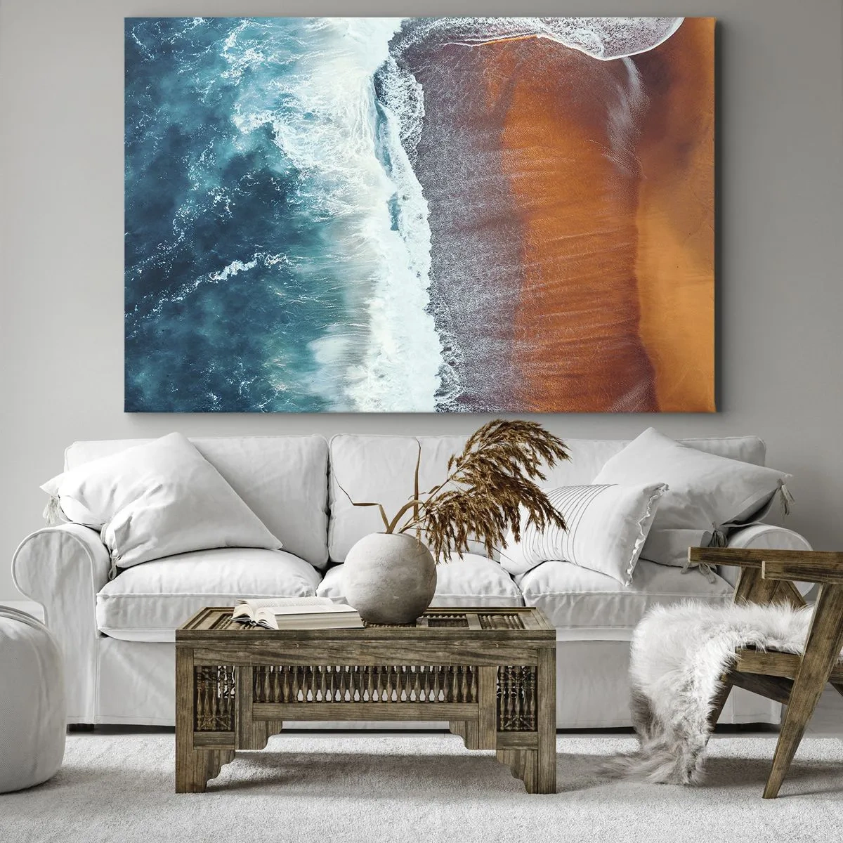 Tablou pe pânză Canvas - O priveliște a valurilor oceanului care se izbesc de plaja aurie - 70x50cm - Atingerea oceanului - Decorațiune modernă pentru perete pentru living și dormitor ARTTOR