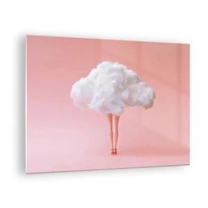 Tablou pe sticlă - Silueta unei femei cu un nor în loc de rochie pe un fundal roz pastel. - 70x50cm - Dulce promisiune - Decorațiune modernă pentru perete pentru living și dormitor ARTTOR