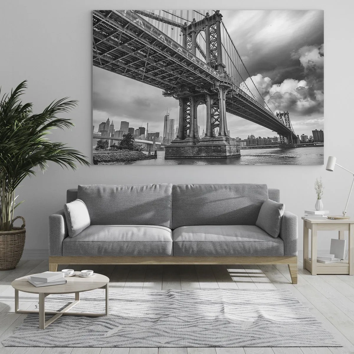 Tablou pe sticlă - Un pod suspendat într-un cadru monocromatic - 70x50cm - Spre inima orașului - Decorațiune modernă pentru perete pentru living și dormitor ARTTOR