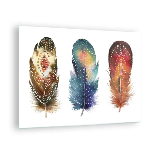 Tablou pe sticlă - Trei pene colorate cu modele etnice - 70x50cm - Ritualuri, rituri, mistere - Decorațiune modernă pentru perete pentru living și dormitor ARTTOR