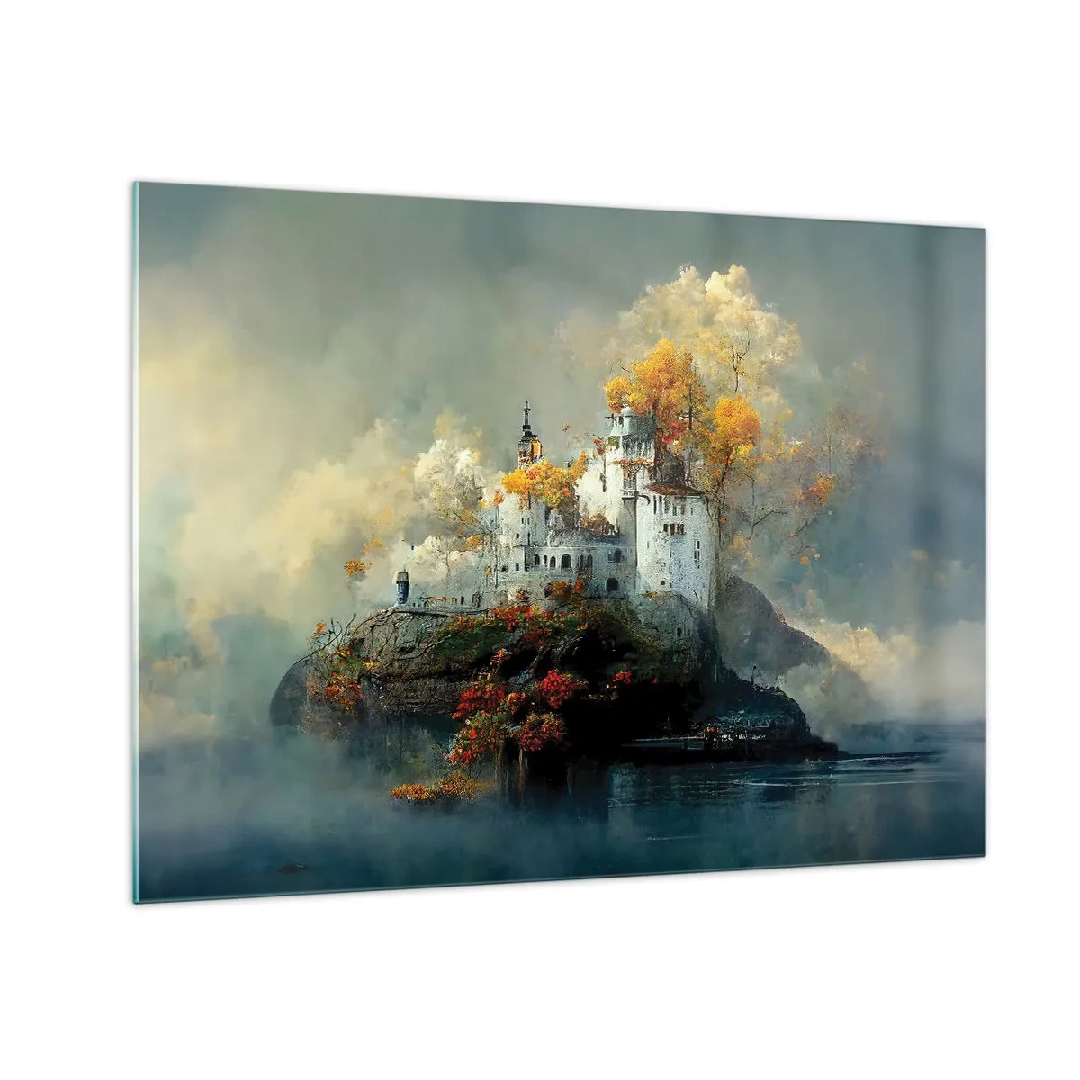 Tablou pe sticlă - Un castel pe o stâncă înconjurat de ceață și copaci de toamnă - 70x50cm - Începutul unei povești romantice - Decorațiune modernă pentru perete pentru living și dormitor ARTTOR
