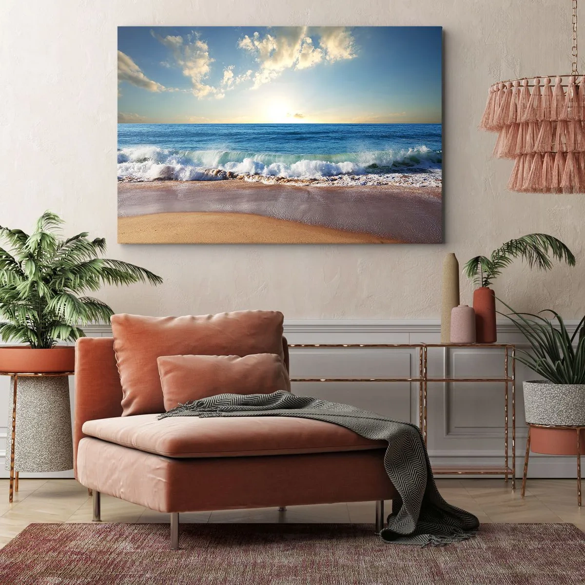 Tablou pe pânză Canvas - O plajă însorită cu valuri care se sparg pe țărm - 70x50cm - Mișcare și liniște în același timp - Decorațiune modernă pentru perete pentru living și dormitor ARTTOR