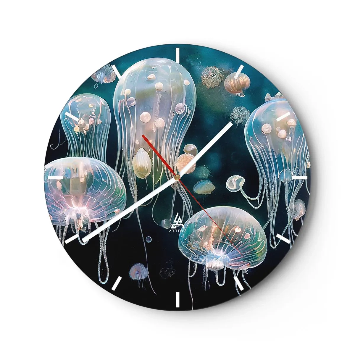 Ceas de perete - Ceas pe sticlă - Meduze în culori pastelate plutind în adâncuri - 30x30cm - Balul subacvatic - Decorațiune modernă pentru perete pentru living, bucătărie și dormitor ARTTOR