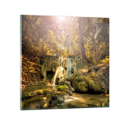 Tablou pe sticlă - Cascada de pădure în verde - 30x30 cm