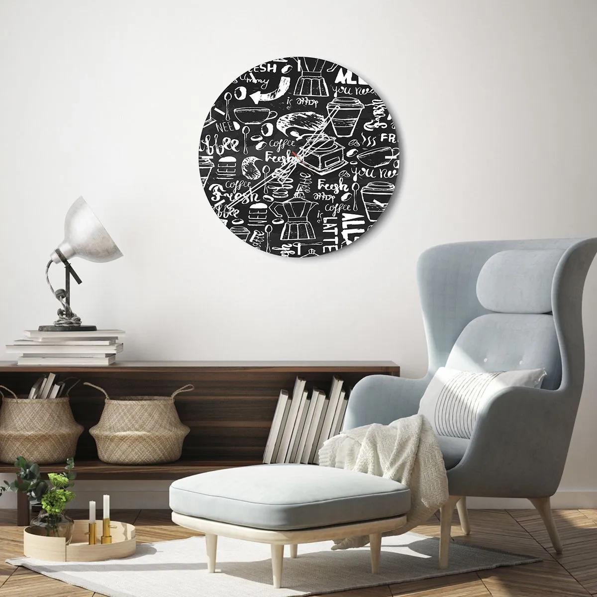Ceas de perete - Ceas pe sticlă - Motiv de cafea în stilul unui desen cu cretă pe fundal negru - 30x30cm - All you need is… - Decorațiune modernă pentru perete pentru living, bucătărie și dormitor ARTTOR