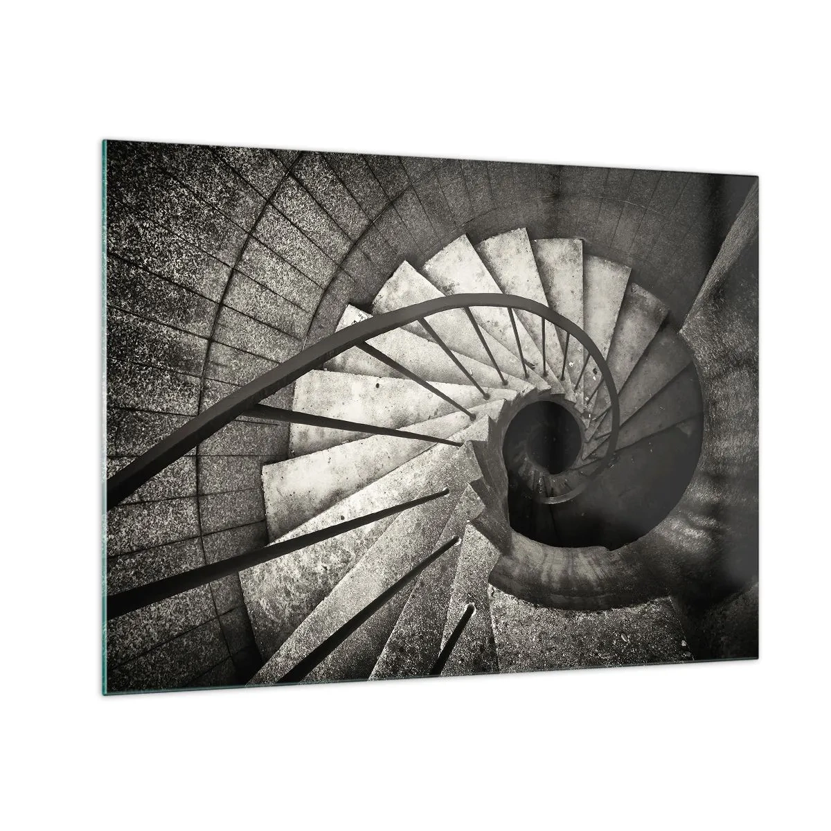 Tablou pe sticlă - O scară în spirală alb-negru din vedere de pasăre - 70x50cm - În sus și în jos - Decorațiune modernă pentru perete pentru living și dormitor ARTTOR