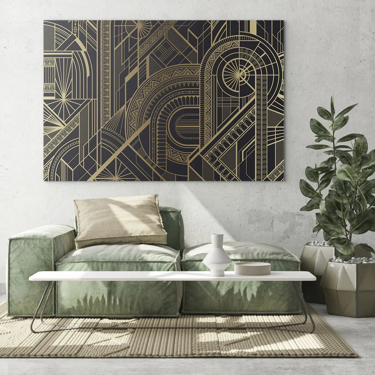 Tablou pe sticlă - Model geometric Art Deco în auriu și negru - 70x50cm - Concepte, idei, planuri - Decorațiune modernă pentru perete pentru living și dormitor ARTTOR