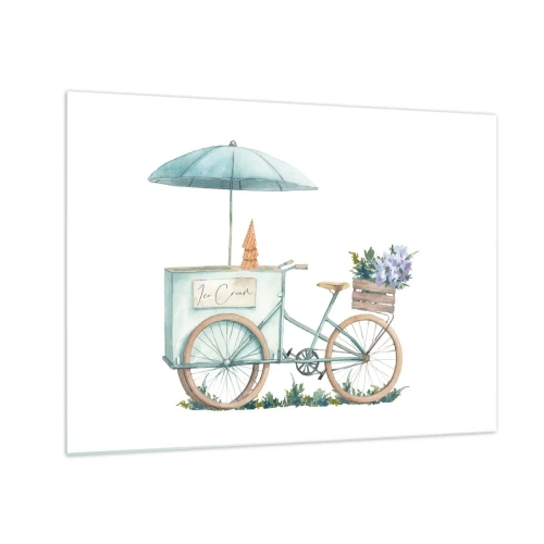 Tablou pe sticlă - O bicicletă cu înghețată și flori pastelate - 70x50cm - O dulce amintire de vară - Decorațiune modernă pentru perete pentru living și dormitor ARTTOR