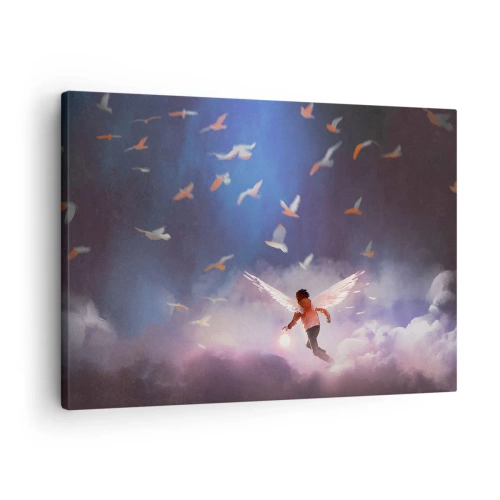 Tablou pe pânză Canvas - O figură cu aripi de înger plutind printre păsări pe cer - 70x50cm - Este nevoie de imaginație și curaj - Decorațiune modernă pentru perete pentru living și dormitor ARTTOR