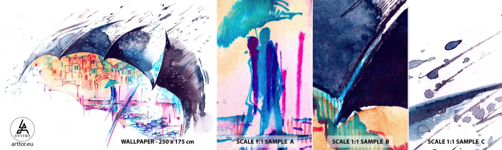 Mostră tapet autocolant Deluxe Sticker - Plimbare în ploaie - Abstracția, Umbrelă, Arhitectură - 100x30 cm