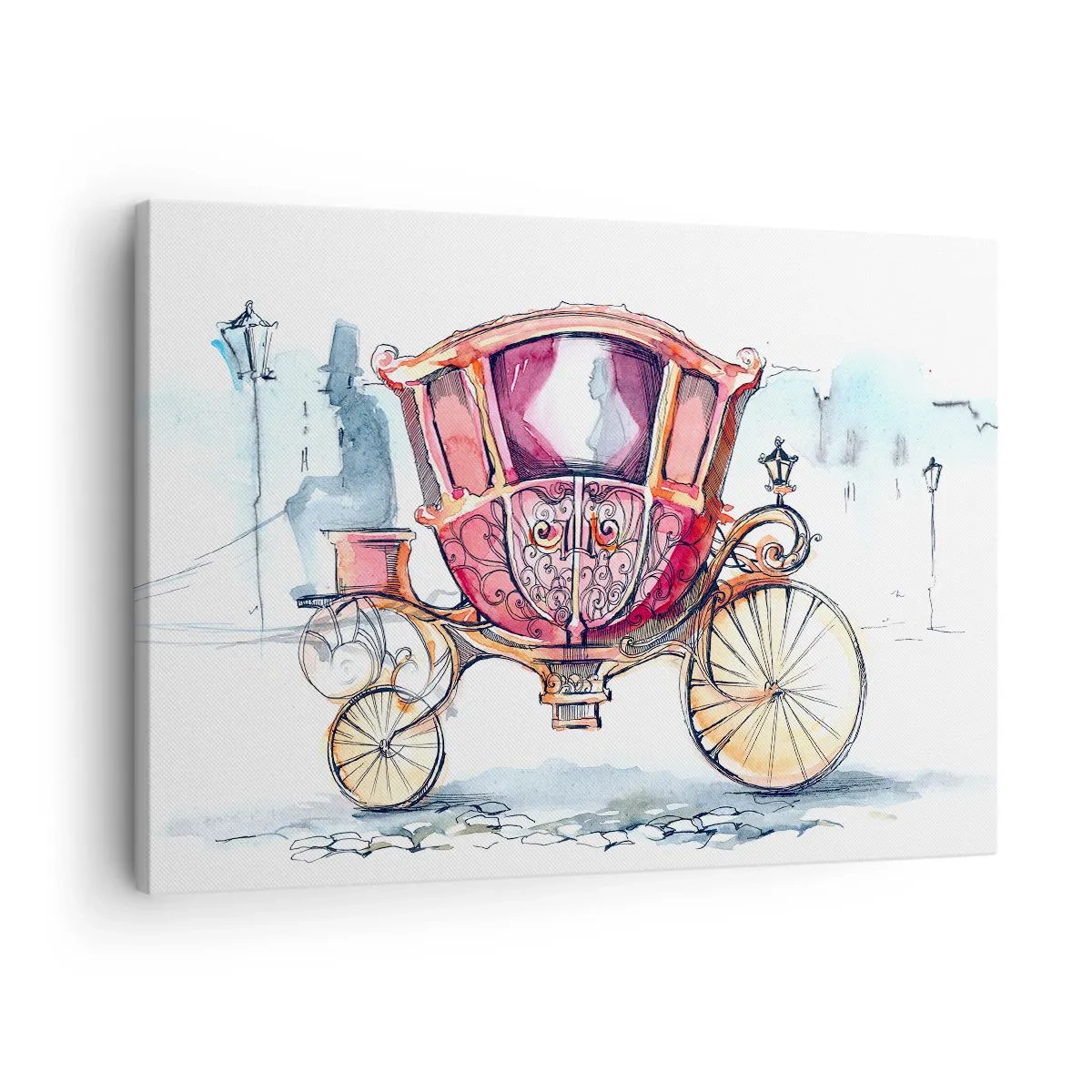 Tablou pe pânză Canvas - O ilustrație elegantă a unei trăsuri antice în culori pastelate. - 70x50cm - Pentru nuntă sau pentru bal? - Decorațiune modernă pentru perete pentru living și dormitor ARTTOR