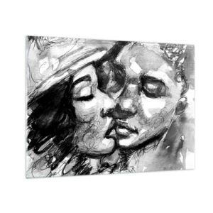 Tablou pe sticlă - Schiță alb-negru a unui sărut tandru - 70x50cm - Un moment de tandrețe - Decorațiune modernă pentru perete pentru living și dormitor ARTTOR