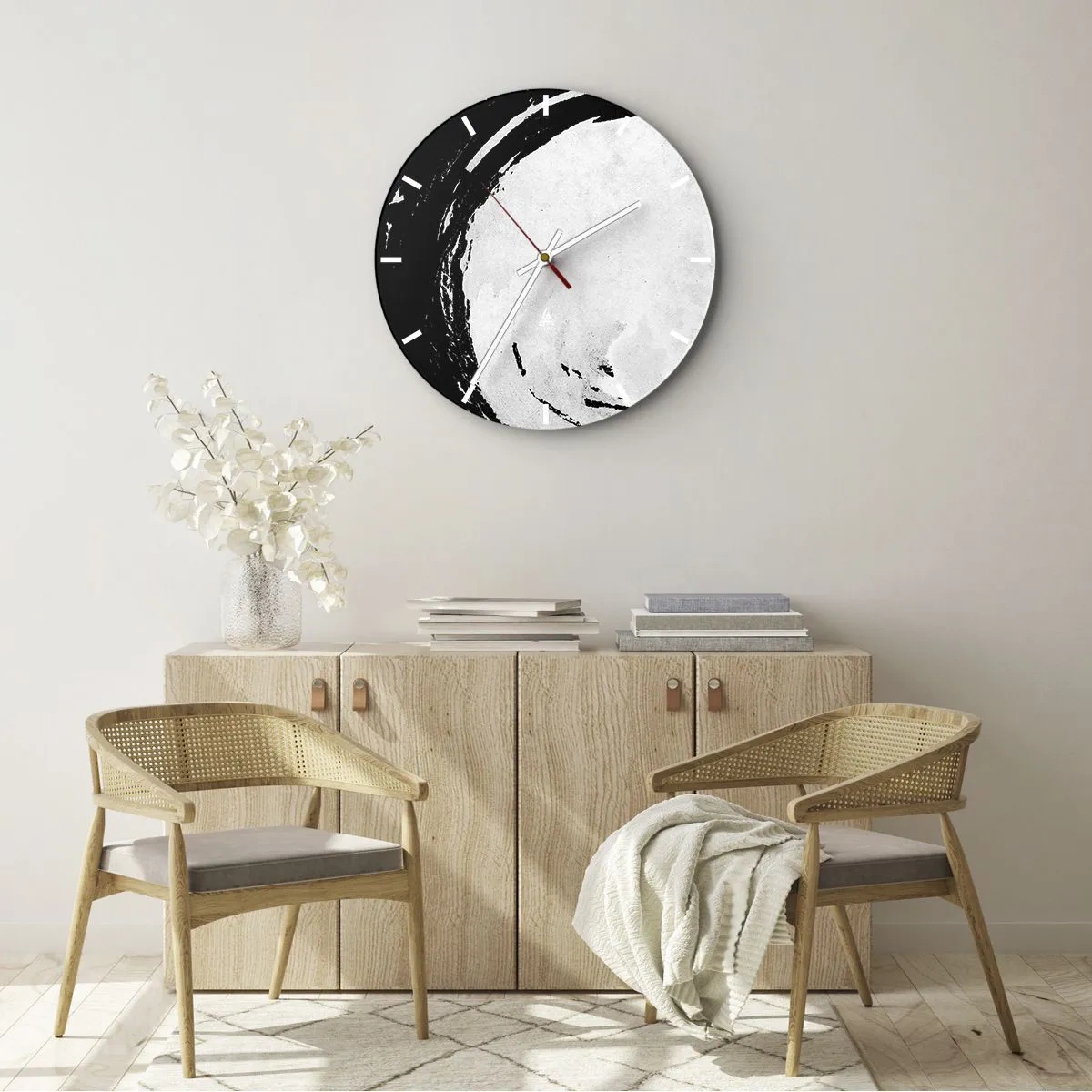 Ceas de perete - Ceas pe sticlă - Cerc alb cu pensulă pe fundal negru în stil zen - 30x30cm - O ieșire bună - Decorațiune modernă pentru perete pentru living, bucătărie și dormitor ARTTOR