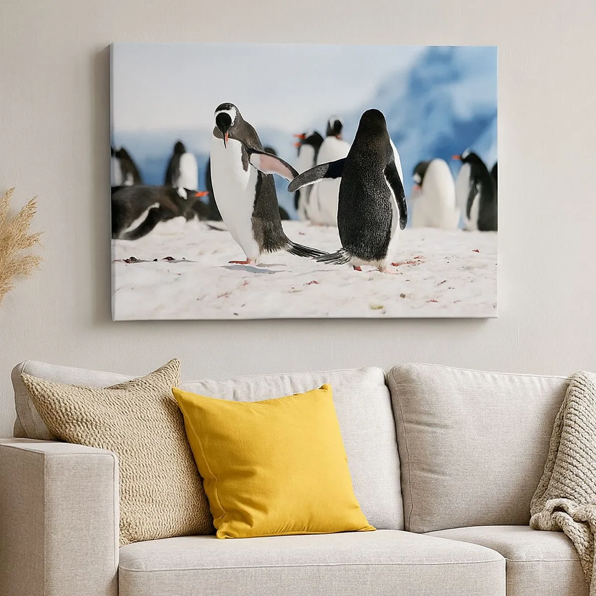Tablou pe pânză Canvas - Un grup de pinguini în zăpadă într-un peisaj antarctic - 70x50cm - Dansul în zăpadă - Decorațiune modernă pentru perete pentru living și dormitor ARTTOR