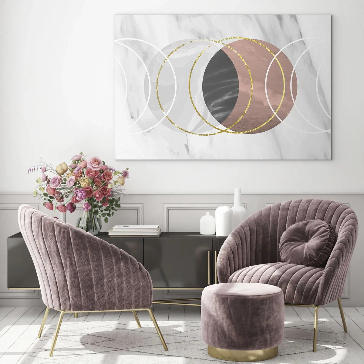 Tablou pe sticlă - Cercuri geometrice în nuanțe de cupru, auriu și marmură - 70x50cm - Muzica sferelor - Decorațiune modernă pentru perete pentru living și dormitor ARTTOR