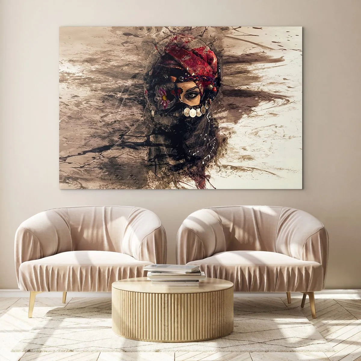 Tablou pe sticlă - Portretul unei femei misterioase într-un turban roșu - 70x50cm - Cel puțin îngrijător - Decorațiune modernă pentru perete pentru living și dormitor ARTTOR