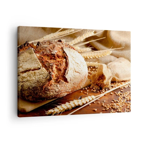 Tablou pe pânză Canvas - Pâine crocantă cu boabe și spice de grâu pe un fundal de lemn - 70x50cm - Apetisantă, parfumată, crocantă - Decorațiune modernă pentru perete pentru living și dormitor ARTTOR