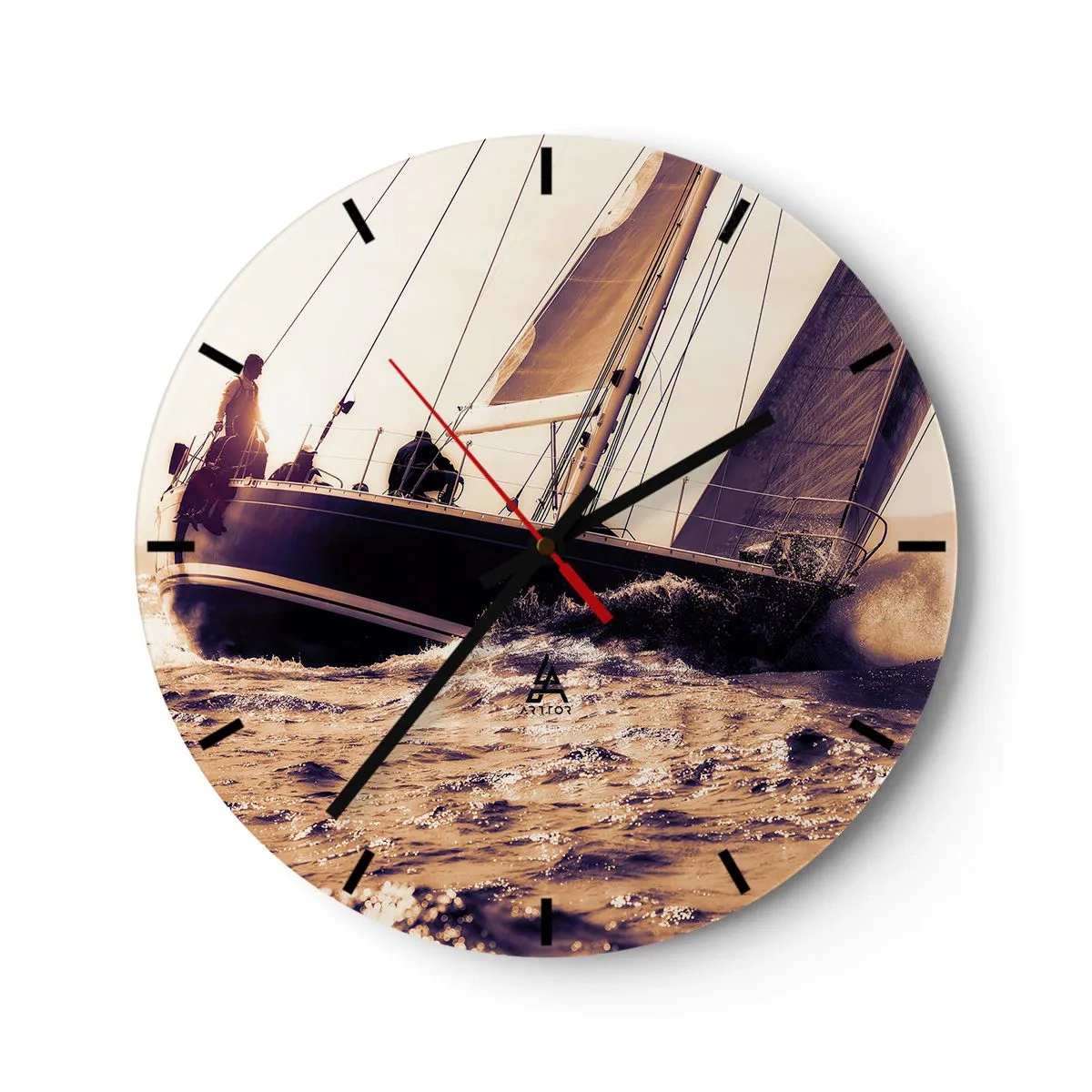 Ceas de perete - Ceas pe sticlă - Un iaht navigând pe o mare furtunoasă în soare - 30x30cm - Pânzele sunt gata - Decorațiune modernă pentru perete pentru living, bucătărie și dormitor ARTTOR