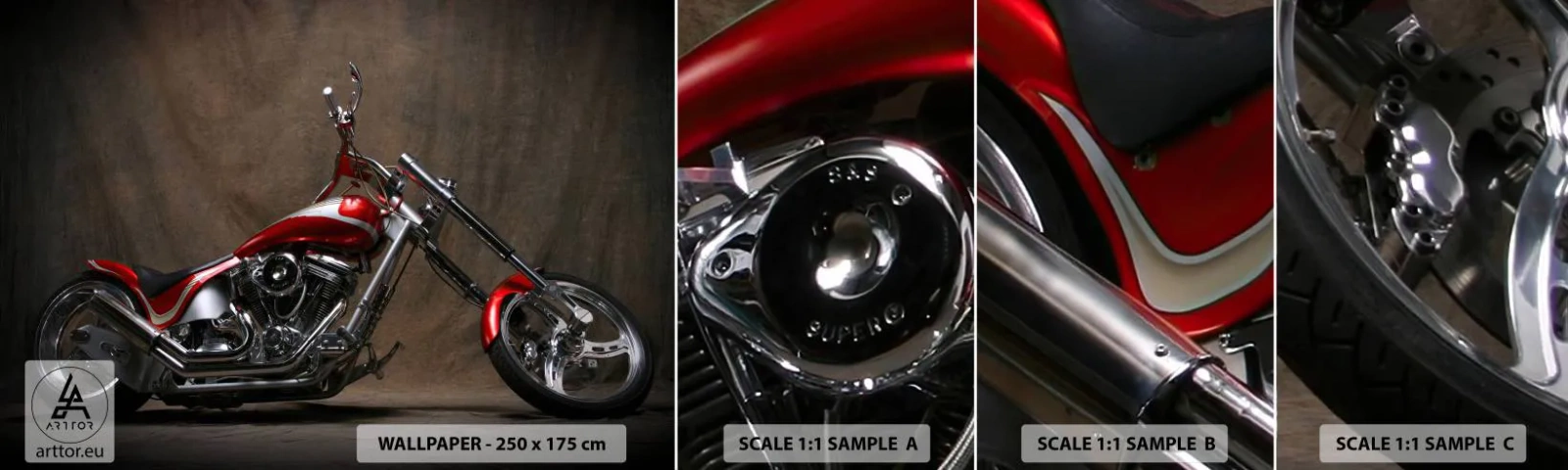 Mostră de Tapet Standard Eco - Frumusețea în roșu și argintiu - Motocicletă, Chopper, Automobile - 100x30 cm