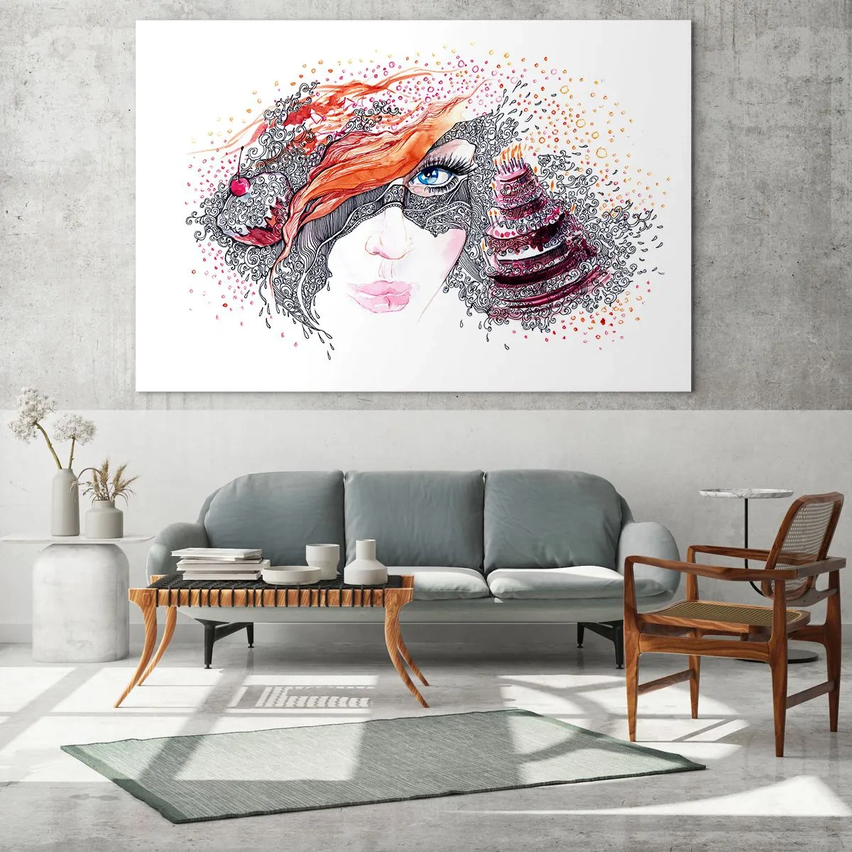 Tablou pe sticlă - Portretul unei femei cu modele dinamice și accente roșii - 70x50cm - Cu ea fiecare zi e o sărbătoare - Decorațiune modernă pentru perete pentru living și dormitor ARTTOR