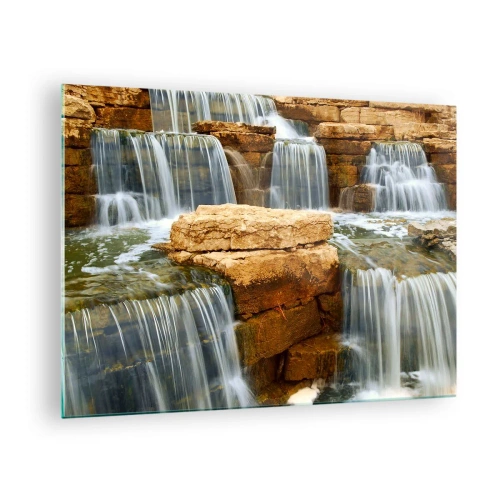 Tablou pe sticlă - Cascadă pe un fundal stâncos - 70x50cm - Scara către cer - Decorațiune modernă pentru perete pentru living și dormitor ARTTOR