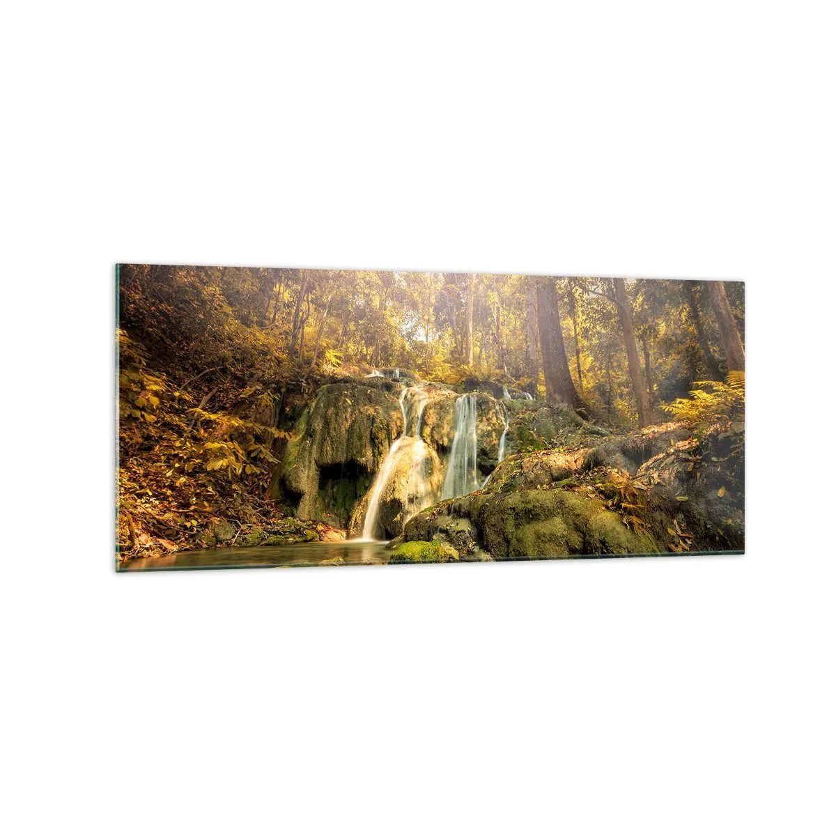 Tablou pe sticlă - Cascada de pădure în verde - 120x50 cm