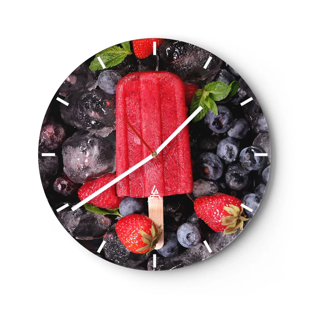 Ceas de perete - Ceas pe sticlă - Înghețată fructată cu afine și căpșuni congelate - 30x30cm - Umbra unei veri fierbinți - Decorațiune modernă pentru perete pentru living, bucătărie și dormitor ARTTOR