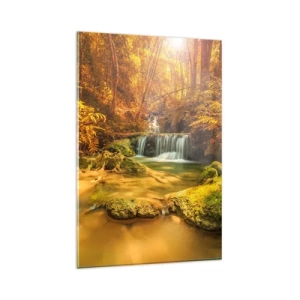 Tablou pe sticlă - Cascadă de pădure în aur - 80x120 cm