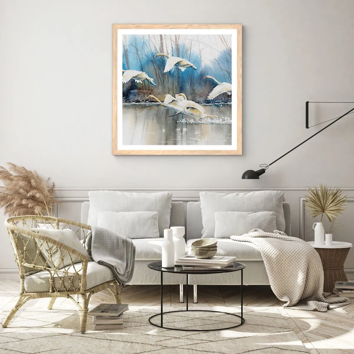 Poster în ramă de stejar deschis - Dansând cu lebedele sălbatice - 30x30 cm