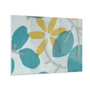 Tablou pe sticlă - O grafică vegetală cu frunze azurii și flori galbene - 70x50cm - Printre frunzele de azur - Decorațiune modernă pentru perete pentru living și dormitor ARTTOR