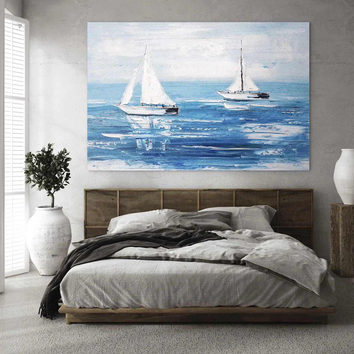 Tablou pe sticlă - Două bărci cu pânze albe pe o mare albastră calmă - 70x50cm - Cu un prieten alături de tine - Decorațiune modernă pentru perete pentru living și dormitor ARTTOR