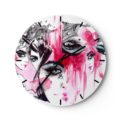Ceas de perete - Ceas pe sticlă - Portrete feminine abstracte în roz și negru - 30x30cm - Ochii abstracți - Decorațiune modernă pentru perete pentru living, bucătărie și dormitor ARTTOR