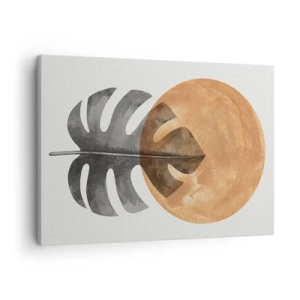 Tablou pe pânză Canvas - Frunză de Monstera și cerc auriu pe un fundal deschis - 70x50cm - Doar soarele - Decorațiune modernă pentru perete pentru living și dormitor ARTTOR
