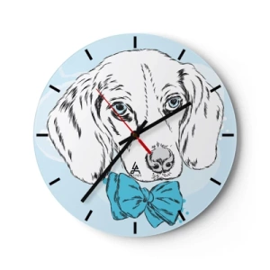 Ceas de perete - Ceas pe sticlă - Desen artistic al unui câine cu papion albastru pe un fundal deschis - 30x30cm - Eleganța câinelui - Decorațiune modernă pentru perete pentru living, bucătărie și dormitor ARTTOR