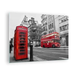 Tablou pe sticlă - Cabină telefonică roșie și autobuz în Londra - 70x50cm - Cea mai roșie din Europa - Decorațiune modernă pentru perete pentru living și dormitor ARTTOR