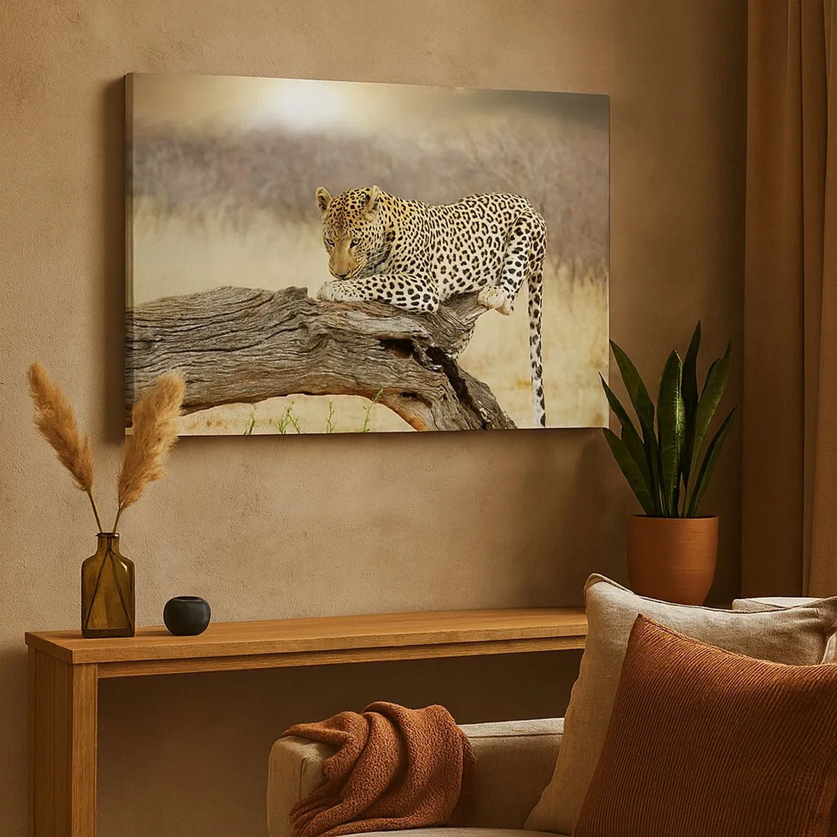 Tablou pe pânză Canvas - Un leopard odihnindu-se pe trunchiul unui copac în savană - 70x50cm - Mă duc pe drumul meu - Decorațiune modernă pentru perete pentru living și dormitor ARTTOR